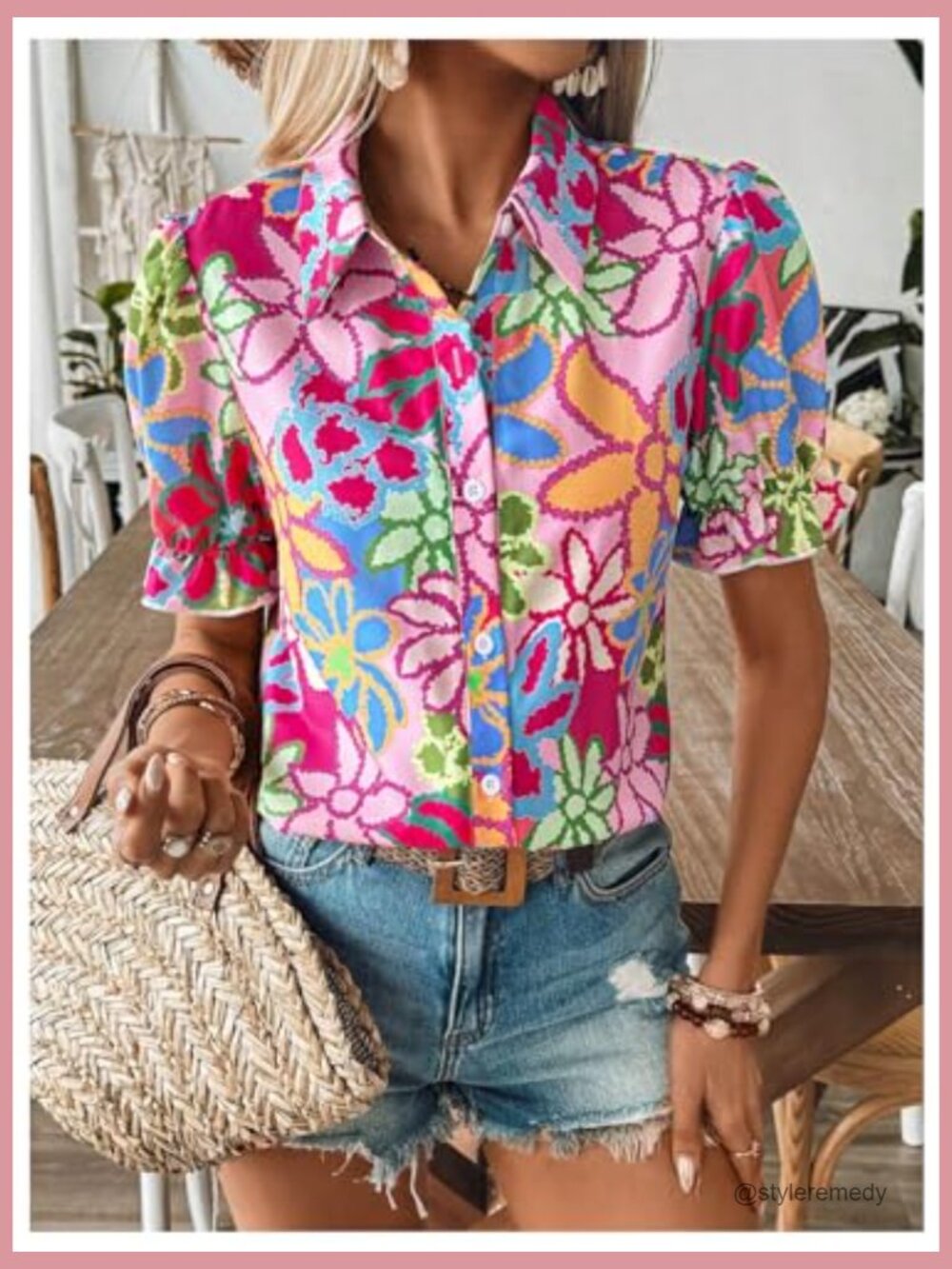 Floral Print Button Down Blouse Ruffle Short Puff Sleeve Boho Top - Picture 5 of 6